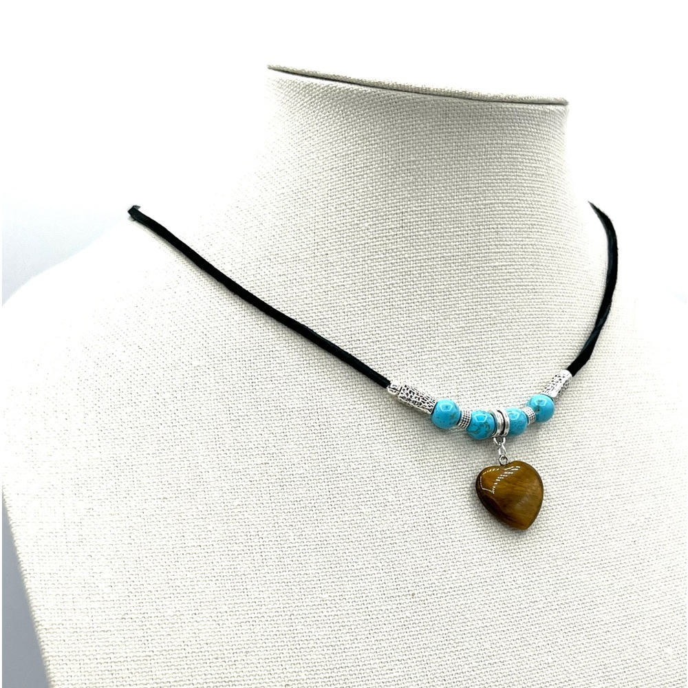 HAND CRAFTED Medallion Cord Necklace with Tiger Eye Heart Pendant